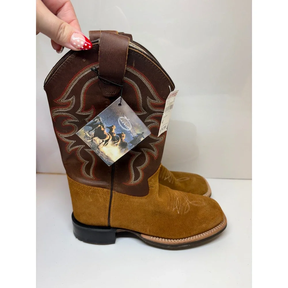 Old West Youth BSY1987 Brown Suede Leather Square Toe Cowboy Boots Size 4 D